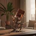 Zimaya Reserved Oud EDP 100 ml Unisex — A glass perfume bottle with a wooden cap levitating mid-air, surrounded by shattered glass fragments, wood chips, and lavender sprigs, set against a blurred indoor background with a plant and chairs.