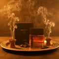 Zimaya Reserved Oud EDP 100 ml Unisex — A glass perfume bottle with amber liquid and a black cap, placed on a golden tray with incense burners emitting smoke, oud wood pieces, and a black product box.