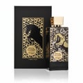 Zimaya Royal Leather by Zimaya EDP 100ml — Kotak dan botol hitam menampilkan siluet kuda menunggang dengan corak emas berhias. Penutup emas pada botol.
