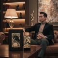 Zimaya Royal Leather by Zimaya EDP 100ml — Seorang lelaki berbaju baldu duduk di sofa kulit sambil memegang gelas wiski, dengan kotak dan botol minyak wangi dipamerkan di atas meja kayu di latar hadapan.