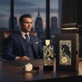 Zimaya Royal Leather by Zimaya EDP 100ml — Seorang lelaki berbaju korporat duduk di pejabat dengan pemandangan bandar, bersama botol minyak wangi Royal Leather dan jam tangan di atas meja.