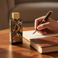 Zimaya Royal Leather by Zimaya EDP 100ml — Botol minyak wangi hitam dengan rekaan kuda emas dan skrol, penutup emas, terletak di atas meja kayu bersebelahan buku nota terbuka dan pen mata kaligrafi dipegang tangan.