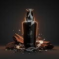 Zimaya Taraf Black by Zimaya 100ml EDP Men — Botol minyak wangi hitam dengan aksen emas, dikelilingi serpihan kayu gelap dan percikan cecair.