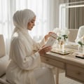 Zimaya Taraf White by Zimaya 100ml EDP Women — Woman in white hijab and robe opening a white perfume box with gold accents, sitting at a vanity with a perfume bottle and pearls.
