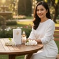 Zimaya Taraf White by Zimaya 100ml EDP Women — Woman in white dress sitting at a wooden table with a Zimaya Taraf White perfume box and bottle, surrounded by white jasmine flowers and orchids.