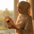 Zimaya Yaa Umree by Zimaya EDP 100 ml Women — Woman in a hijab opening a pink patterned gift box to reveal a light pink perfume bottle with Arabic script.
