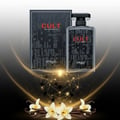 Zimaya Cult by Zimaya 100ml EDP Men — Kotak dan botol hitam dengan teks merah 'CULT', latar belakang gelap dengan garisan emas berpusar, bintang geometrik, dan bunga vanila bersama buahnya.