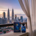 Zimaya Evolution by Zimaya 100ml EDP For Men — A blue perfume bottle and its box sit on a balcony railing with the Petronas Twin Towers and Kuala Lumpur skyline at dusk in the background, partially obscured by a sheer white curtain.