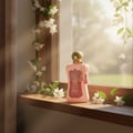 Zimaya Fatima by Zimaya 100ml Extrait de Parfum Women — Pink perfume bottle with gold cap and pink tassels, placed on a wooden shelf with jasmine flowers and sunlight streaming through a window.