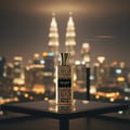 Zimaya Grandeur 100ml EDP for Unisex — Botol minyak wangi emas berlabel corak terletak di atas meja kaca, dengan latar belakang langit bandar yang kabur dan pencakar langit bercahaya pada waktu malam.