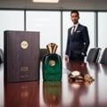 Zimaya Icon by Zimaya 100ml EDP untuk Lelaki — Botol minyak wangi kaca hijau bertutup emas dan permata hijau, bersebelahan kotak kayu gelapnya, di atas meja kayu berkilat dengan jam tangan dan butang lengan di latar belakang.