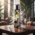 Zimaya Itqan Noir by Zimaya 100ml EDP Men — A glass perfume bottle with a silver wing design, surrounded by splashing water, lime slices, lavender sprigs, and cardamom pods, set on a wooden table.