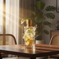 Zimaya Reflect by Zimaya 100ml EDP Unisex — A clear glass perfume bottle with a gold cap, containing sliced pears and lemons, with glass shards and water splashes around it, set on a wooden table.