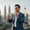 Zimaya Reflect by Zimaya 100ml EDP Unisex — Man in blue suit holding a perfume bottle with golden cap, smiling, with Kuala Lumpur skyline in background.