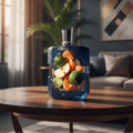 Zimaya Royal Paragon by Zimaya EDP 100ml Man — A blue glass perfume bottle with a silver cap, filled with sliced fruits like oranges, apples, and limes, placed on a wooden table.