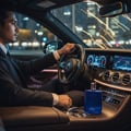 Zimaya Royal Paragon by Zimaya EDP 100ml Man — Man in a suit driving a luxury car at night, with a blue perfume bottle on the center console.