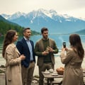 Zimaya Siada Nova by Zimaya 100 ml EDP — Three people by a lake with snow-capped mountains, one man holding a gold-accented perfume bottle, another taking a photo with a phone, and a table with coffee and pastries