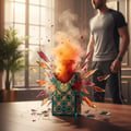Zimaya Siada Regal by Zimaya 100 ml EDP — A teal and gold patterned box exploding with orange smoke and colorful glass shards, on a wooden table with a blurred man in the background.