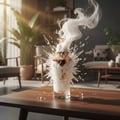 Zimaya Taraf White by Zimaya 100ml EDP Women — White perfume bottle with gold accents, exploding with water droplets and smoke, on a wooden table.