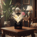 Zimaya Wameed by Zimaya 100ml Unisex EDP — Black perfume bottle with gold heart design, surrounded by white flowers, vanilla pods, and pink coral, emitting a luminous glow on a wooden table.
