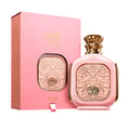Zimaya Zukhruf Femme Pink by Zimaya 100ml EDP Women — Pink perfume bottle with gold ornate cap and matching pink box with gold intricate design, displayed together on a white background.