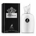 Maison Alhambra Perseus by Maison Alhambra 100ml EDP Men — Black textured box with silver emblem and text 'PERSEUS', next to a sleek white perfume bottle with a silver cap and a circular logo.
