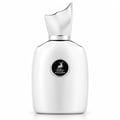Maison Alhambra Perseus by Maison Alhambra 100ml EDP Men — White perfume bottle with a unique, sculpted silver cap and a black circular emblem featuring a deer silhouette and brand name.