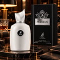 Maison Alhambra Perseus by Maison Alhambra 100ml EDP Men — White perfume bottle with silver cap and black box with silver details, set on a marble surface with a glass of whiskey and books in the background.
