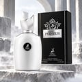 Maison Alhambra Perseus by Maison Alhambra 100ml EDP Men — White perfume bottle with silver cap and deer logo, next to a black box with silver text, set on a rocky surface with mist.
