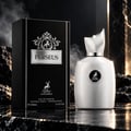 Maison Alhambra Perseus by Maison Alhambra 100ml EDP Men — Black textured box with silver emblem and text, next to a sleek white perfume bottle with a silver cap and emblem, on a reflective dark surface with rocky, smoky background.