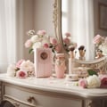 Lattafa Haya by Lattafa Perfumes – 100 ml for Women, pink perfume bottle and box with roses and makeup brushes on a vanity table.