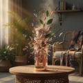 Lattafa Teriaq by Lattafa 100ml EDP Unisex — A perfume bottle exploding with glass shards, wood pieces, and green leaves, set on a wooden table with a rattan chair in the background.