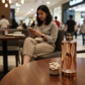Lattafa Teriaq by Lattafa 100ml EDP Unisex — A tall, golden perfume bottle with white oval accents and Arabic script sits on a wooden table next to a small, round white box with a gold snake coiled around its lid.