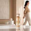 Lattafa Teriaq by Lattafa 100ml EDP Unisex — A clear perfume bottle with gold accents and a decorative cap, placed on a white surface. A woman walks in the blurred background.