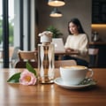 Lattafa Teriaq by Lattafa 100ml EDP Unisex — A clear perfume bottle with white floral accents and Arabic script sits on a wooden table next to a pink camellia flower and a latte coffee.