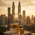 Maison Alhambra Zeno by Maison Alhambra – 100 ml for Women, a gold perfume bottle and its box sit on a ledge with a city skyline and twin towers in the background at sunset, with wisps of smoke rising from the bottle.