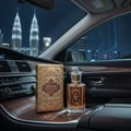 Nafahat Oud Maluky by Nafahat 100ml Unisex — Kotak emas berhias dan botol minyak wangi kaca jernih bertutup emas diletakkan di papan pemuka kereta kayu pada waktu malam, dengan Menara Berkembar Petronas kelihatan di luar cermin.