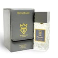 Bujairami Psycho by Bujairami 100ml Extrait — Clear patterned glass perfume bottle with a dark grey textured cap, next to a dark grey leather-like presentation box with gold logo and text.