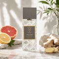 Bujairami Psycho by Bujairami 100ml Extrait — Clear glass perfume bottle with textured pattern, grey cap, on a marble surface with grapefruit, lemon, ginger, and rocks.