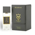 Bujairami Psycho by Bujairami 100ml Extrait — Clear glass perfume bottle with a grey textured cap and a gold label, next to a grey presentation box with gold branding.