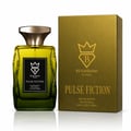 Bujairami Pulse Fiction — Green glass perfume bottle with gold cap next to a gold box, both featuring the Bujairami logo and product name.