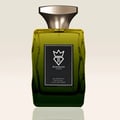 Bujairami Pulse Fiction by Bujairami 100ml EDP — Green glass perfume bottle with a metallic gold cap and a black label featuring a crown logo and text.