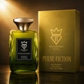 Bujairami Pulse Fiction — Green glass perfume bottle with gold cap next to a gold box, both featuring the Bujairami logo and product name.