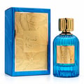 Paris Corner Qissa Blue by Paris Corner 100ml EDP Unisex — Botol minyak wangi kaca biru berjalur dengan penutup emas dan label reka bentuk daun emas timbul, bersebelahan kotak biru sepadan dengan reka bentuk daun emas timbul.