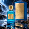 Paris Corner Qissa Blue by Paris Corner 100ml EDP Unisex — Botol minyak wangi kaca biru berjalur dengan penutup dan label emas, diletakkan di atas batu gelap basah dengan air terjun dan kabus di latar belakang.