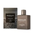Rayhaan Woody Noir Eau De Parfum — A perfume bottle and its box are displayed side-by-side against a white background. The bottle is dark grey with a metallic cap, and the box has a wood grain texture and intricate dark grey patterns. | Rayhaan Woody Noir Eau De Parfum — Sebotol minyak wangi dan kotaknya dipamerkan