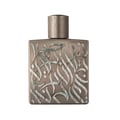 Rayhaan Rayhaan Woody Noir Eau De Parfum 100ml — A rectangular, taupe-colored perfume bottle with intricate, raised silver Arabic calligraphy covering its front surface and a metallic silver cap. | Rayhaan Rayhaan Woody Noir Eau De Parfum 100ml — Botol minyak wangi berbentuk segi empat, berwarna taupe dengan kaligrafi