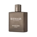 Rayhaan Woody Noir Eau De Parfum — A square, dark grey perfume bottle with a textured silver cap, featuring white text that reads 'RAYHAAN EAU DE PARFUM WOOD NOIR FOR HIM'. | Rayhaan Woody Noir Eau De Parfum — Botol minyak wangi segi empat berwarna kelabu gelap dengan penutup perak bertekstur, menampilkan teks putih