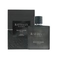Rayhaan Woody Noir Eau De Parfum — A dark grey bottle of Rayhaan Woody Noir Eau De Parfum for him sits next to its matching dark grey box with embossed wood grain texture. | Rayhaan Woody Noir Eau De Parfum — Botol Rayhaan Woody Noir Eau De Parfum kelabu gelap untuk lelaki terletak di sebelah kotak kelabu gelap yang