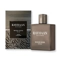 Rayhaan Woody Noir Eau De Parfum 100ml — A square, dark grey perfume bottle with a wooden cap sits next to its matching box, both featuring the brand name and product details. | Rayhaan Woody Noir Eau De Parfum 100ml — Botol minyak wangi segi empat berwarna kelabu gelap dengan penutup kayu terletak bersebelahan dengan